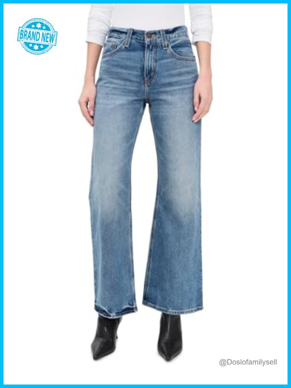 High Rise Loose Bootcut Jeans 100% Cotton Button Zip Fly